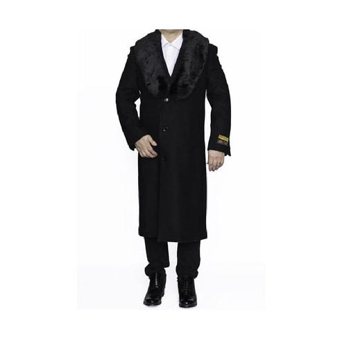 Mens Removable Fur Collar Full Length Wool Brown Dress Topcoat