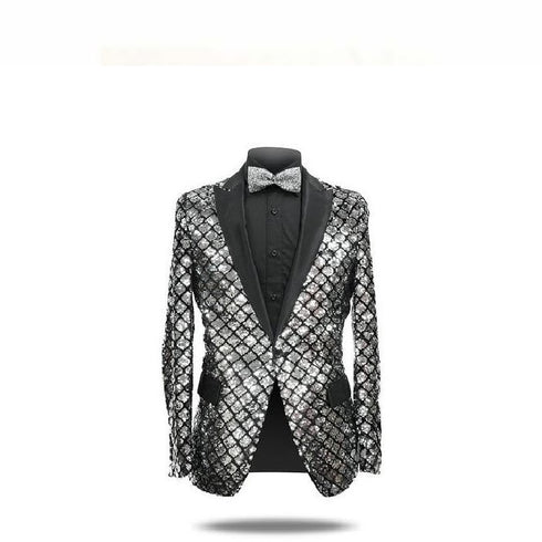 Mens Silver ~ Black 1 Button Peak Lapel Slim Fit Sequin Shiny