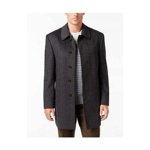 Mens Single Breasted Herringbone Wool Charcoal Overcoat