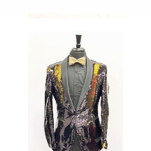 Mens Slim Fit Gold~Black Shawl Lapel Sequin Shiny Flashy Stage