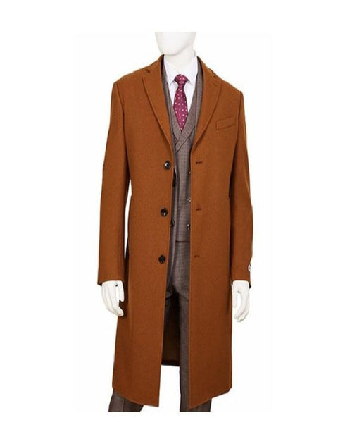 Mens Three Button Camel Single Breasted Wool Overcoat