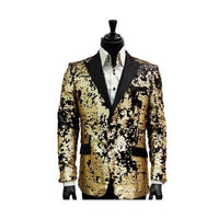 Mens Two Button Black Matte Gold Sequin Pattern Blazer
