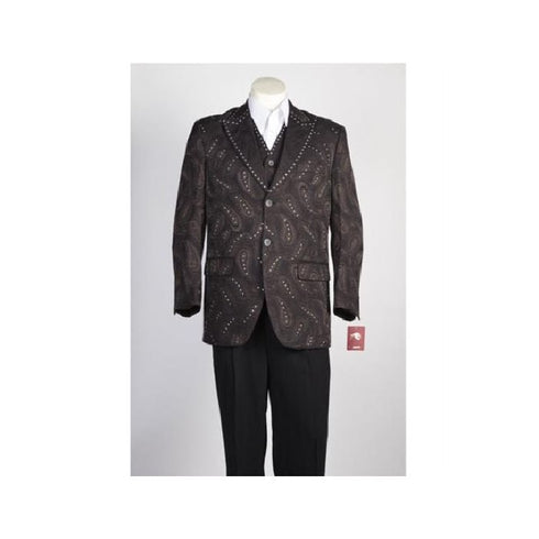 Mens Vested Two Button Brown Peak Lapel Paisley Blazer