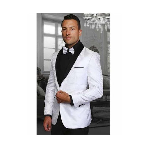 Mens White Two Toned Paisley Shawl Lapel Blazer
