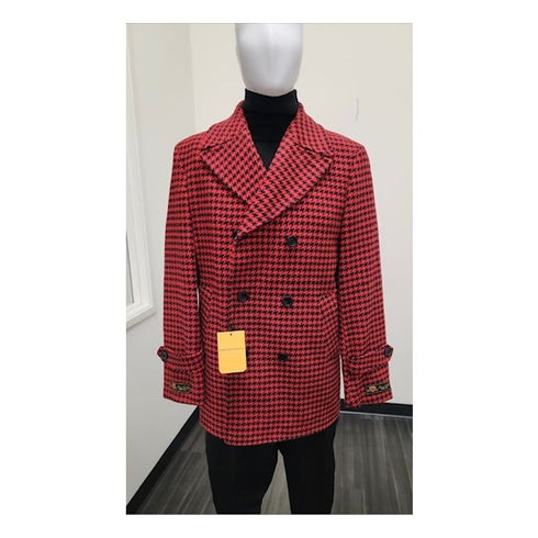 Mens Wool Plaid Peacoat - Plaid Pattern Wool red Coat