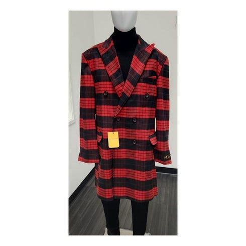 Mens Wool Plaid Peacoat - Plaid Pattern Wool red Coat