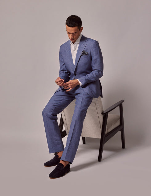 Mens Linen Suit For Beach Wedding - Summer Suit in Mid Blue