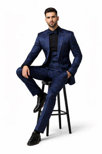 Mens Prom Tuxedo Paisley Suit - Wedding Floral Suit- Midnight - Royal - Navy Blue Wedding Jacket + Vest + Pants