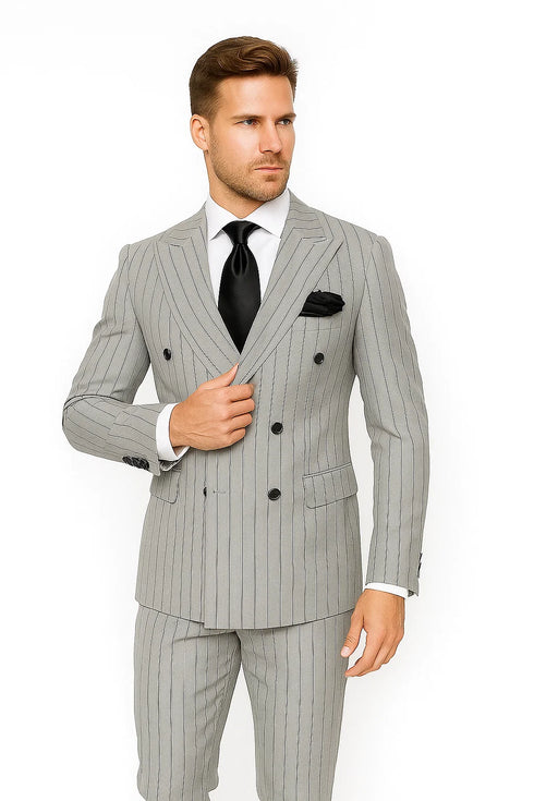 Gray and Black Pinstripe Double Breasted - Modern Fit 1920s Vintage Looking Suit