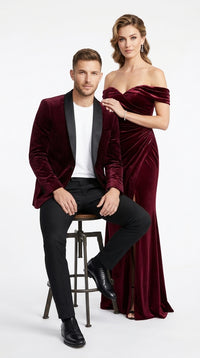 Men’s Burgundy Velvet Dinner Jacket, Designer Black Satin Shawl Lapel Tuxedo Blazer for Weddings, Prom and Formal Events