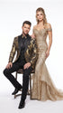 Men’s Black and Gold Floral Jacquard 3 Piece Suit, Modern Fit Tuxedo with Matching Bow Tie for Weddings and Prom