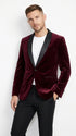 Men’s Burgundy Velvet Dinner Jacket, Designer Black Satin Shawl Lapel Tuxedo Blazer for Weddings, Prom and Formal Events