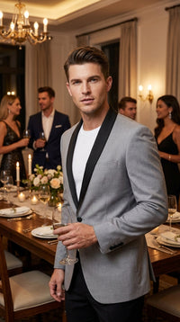 Men’s Light Grey Dinner Jacket with Black Shawl Lapel, Formal Tuxedo Evening Blazer