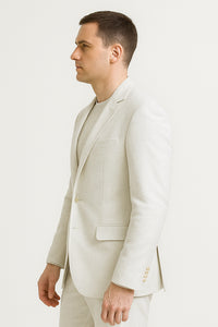 Mens Two Piece Linen Suit Relaxed Hybrid Fit No Collar