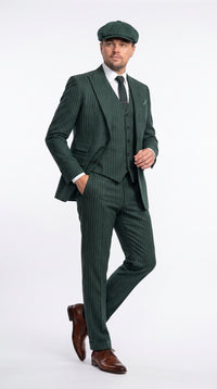 Thomas Shelby Peaky Blinders Green Pinstripe 3-Piece Wool Suit – Vintage 1920s Gangster Wedding Suit for Men