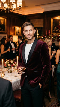 Men’s Burgundy Velvet Dinner Jacket, Designer Black Satin Shawl Lapel Tuxedo Blazer for Weddings, Prom and Formal Events