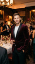 Men’s Burgundy Velvet Dinner Jacket, Designer Black Satin Shawl Lapel Tuxedo Blazer for Weddings, Prom and Formal Events
