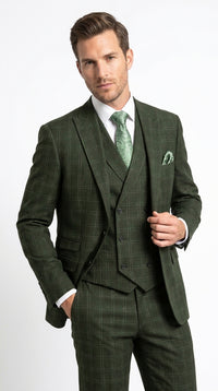 Men’s Olive Windowpane Plaid Suit, 2 Button Formal Suit with Double Breasted Vest