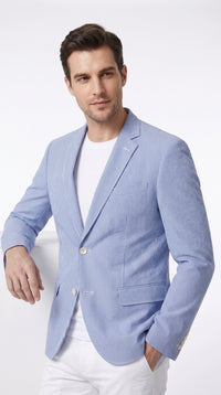 Men’s Carolina Blue Seersucker Sport Coat, Two Button Lightweight Summer Blazer
