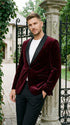 Men’s Burgundy Velvet Dinner Jacket, Designer Black Satin Shawl Lapel Tuxedo Blazer for Weddings, Prom and Formal Events