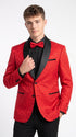 Men’s Red Paisley Jacquard Tuxedo Suit, Modern Fit Black Satin Shawl Lapel Prom Wedding Formal Suit
