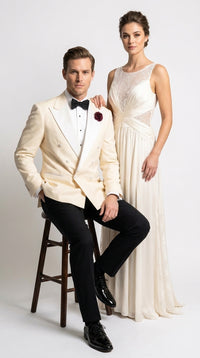 Men’s Ivory Double-Breasted Tuxedo Dinner Jacket – Cream Off-White Wedding, Prom and Black-Tie Blazer