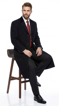 Men’s Black Chesterfield Overcoat, Full Length Wool and Cashmere Dress Coat