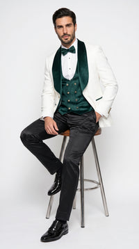 Marco Lorenzo Premium White Paisley 4 Piece Suit with Green Velvet Shawl Lapel and Matching Bow Tie