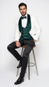 Marco Lorenzo Premium White Paisley 4 Piece Suit with Green Velvet Shawl Lapel and Matching Bow Tie