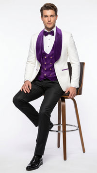 Marco Lorenzo Premium White Paisley 4 Piece Suit with Purple Velvet Shawl Lapel and Matching Bow Tie