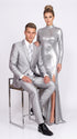 Men’s Silver Shiny Sharkskin Suit – 2 Button Peak Lapel Formal Suit with Flat Front Pants for Wedding, Prom & Party
