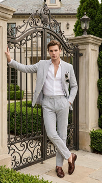 Men’s Navy Seersucker 2 Piece Summer Suit, Modern Fit Lightweight Wedding Dress Suit