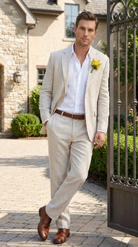 Men’s Natural Sand Linen Suit, Light Tan Summer Beach Wedding Suit