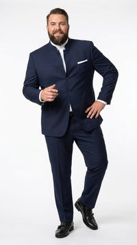 Men’s Navy Blue Mandarin Collar Suit, Dark Blue Banded Collar Formal Wedding Dress Suit