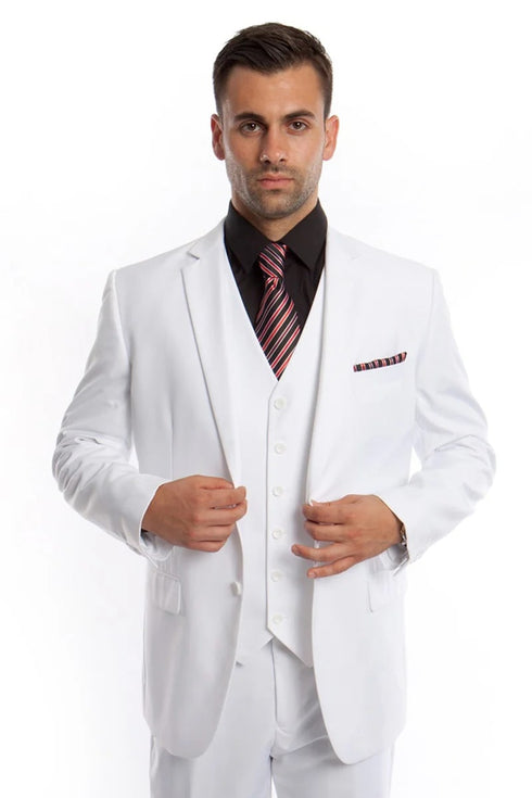 Men's Vested Two Button Solid Color Wedding Business Suit in White