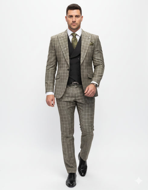 Statement Suits - Wool Suits - Peak Lapel Suits - Ticket Pocket - Modern Fit - Olive Suit