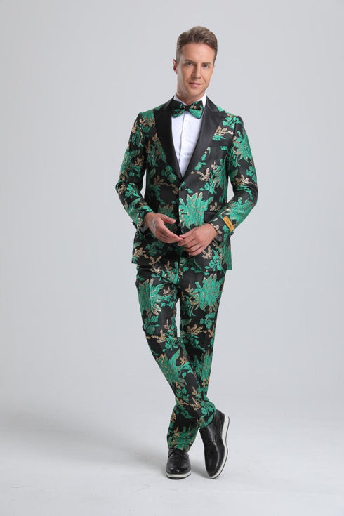 Men's Green & Black Floral Paisley Prom Tuxedo Green Prom Tuxedos Floral Prom Tuxedos