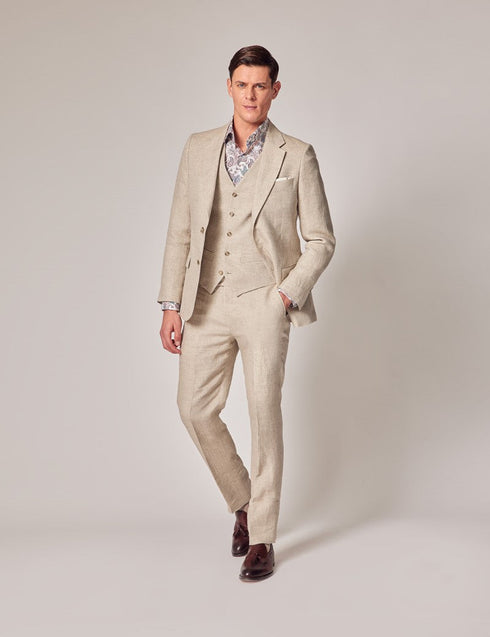 Mens Linen Suit For Beach Wedding - Summer Suit in Natural Herringbone