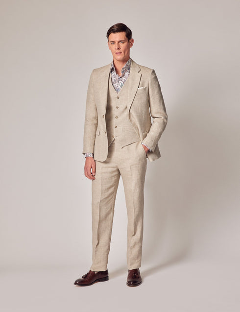 Mens Linen Suit For Beach Wedding - Summer Suit in Natural Herringbone