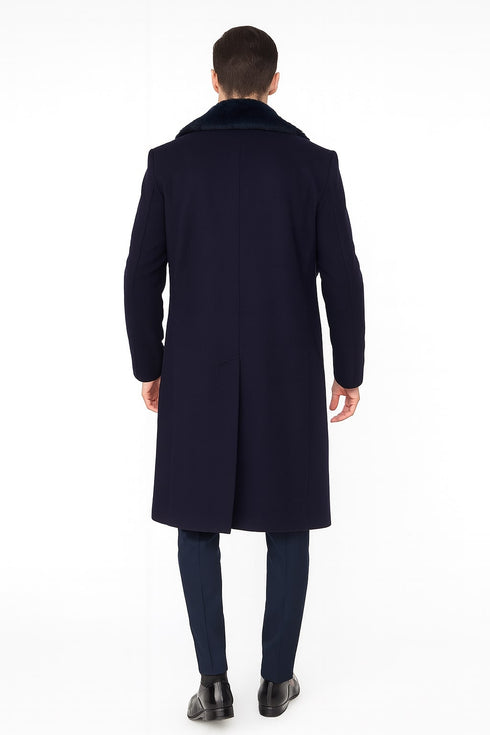 Mens Navy Blue Overcoat with Faux Fur Collar – Luxury Long Winter Coat for Formal and Casual Wear Topcoat