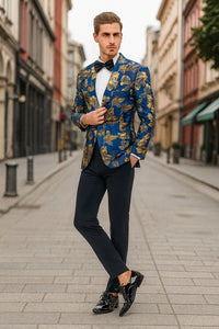 Mens Navy Blue and Gold Floral Tuxedo Jacket – Luxury Slim Fit Blazer with Gold Pattern Paisley Pattern Matching Bowtie