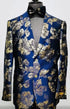 Mens Navy Blue and Gold Floral Tuxedo Jacket – Luxury Slim Fit Blazer with Gold Pattern Paisley Pattern Matching Bowtie