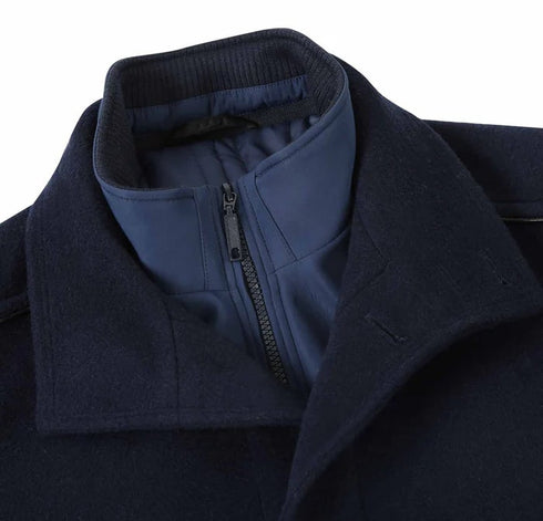 Navy Slim Fit Wool Blend Short Coat with Detachable Full Zipper