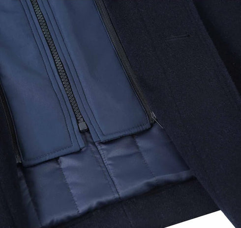Navy Slim Fit Wool Blend Short Coat with Detachable Full Zipper