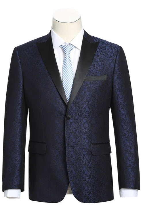 Mens Two Button Peak Lapel Paisley Navy Blue Prom Tuxedo Blazer