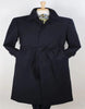 Mens Black Diamond Solid Navy Blue 100% Wool Gabardine Belted Duster Overcoat