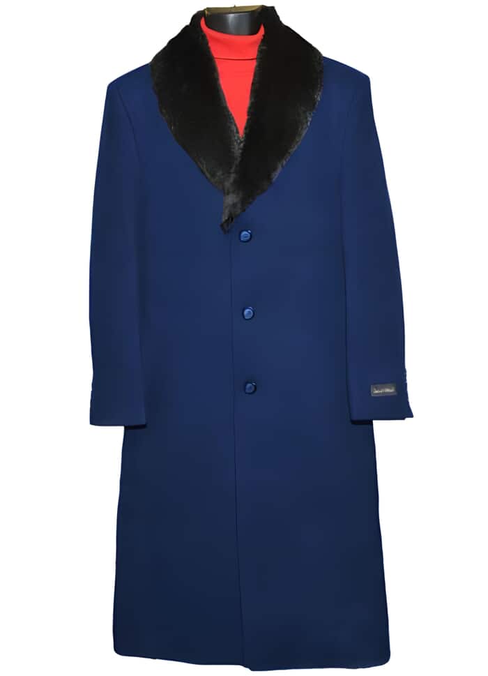 Men's Dress Coat Dark Blue Fur Collar Black 3 Button  Wool blend Full Length Overcoat main image 0