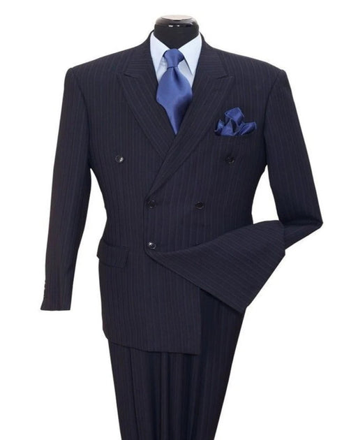 Pleated Dress Men Suits - Mens Classic Double Breasted Smooth Pinstripe Navy Suit