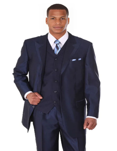Pleated Dress Men Suits - Mens 3 Button Vested Wide Peak Lapel Two Tone Navy Blue Sharkskin Suit