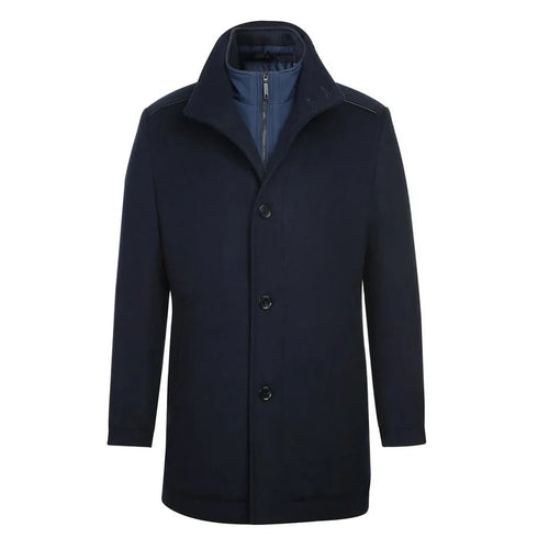 Navy Slim Fit Wool Blend Short Coat with Detachable Full Zipper